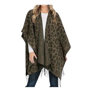 WOOLRICH Leopard Print Fringe Shawl Wrap      One Size